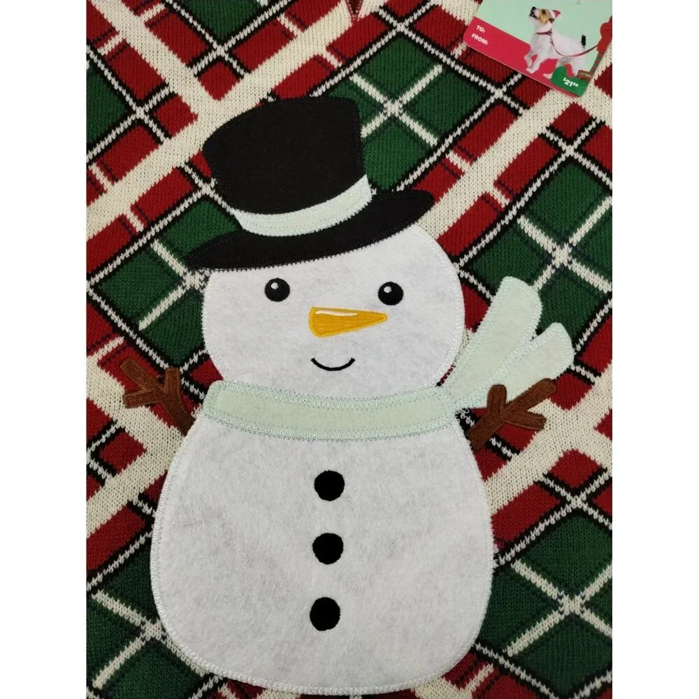 Merry Makings Snowman Plaid Pet Sweater Dog Large 17 to 19 inches Red Green